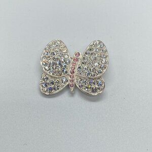 Vintage Carolee Butterfly 1" Brooch Pin Clear Pink Rhinestone Silver Tone Signed